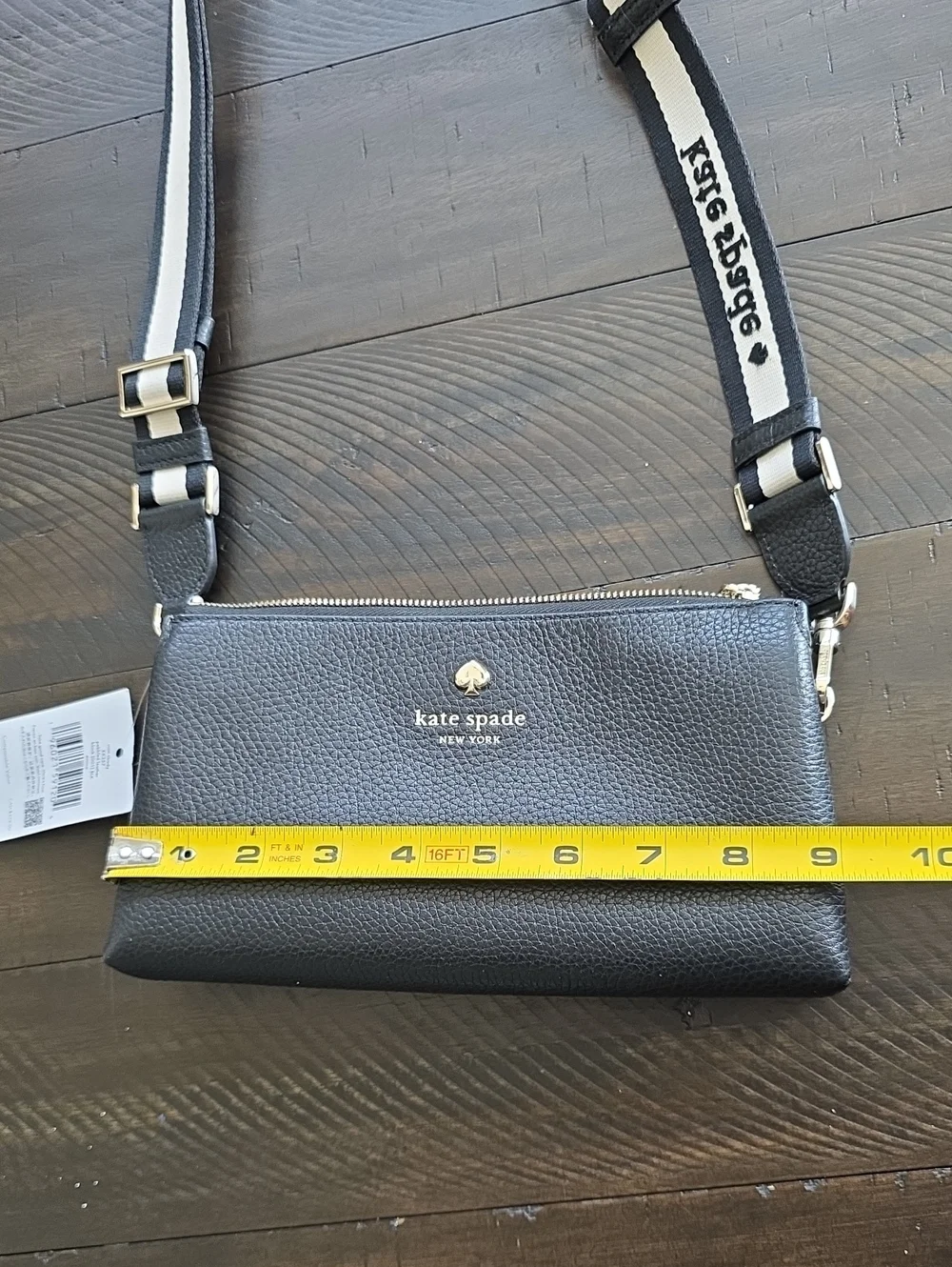 NWT Kate Spade Emma Mini Black Pebbled Leather Crossbody with Striped Logo Strap